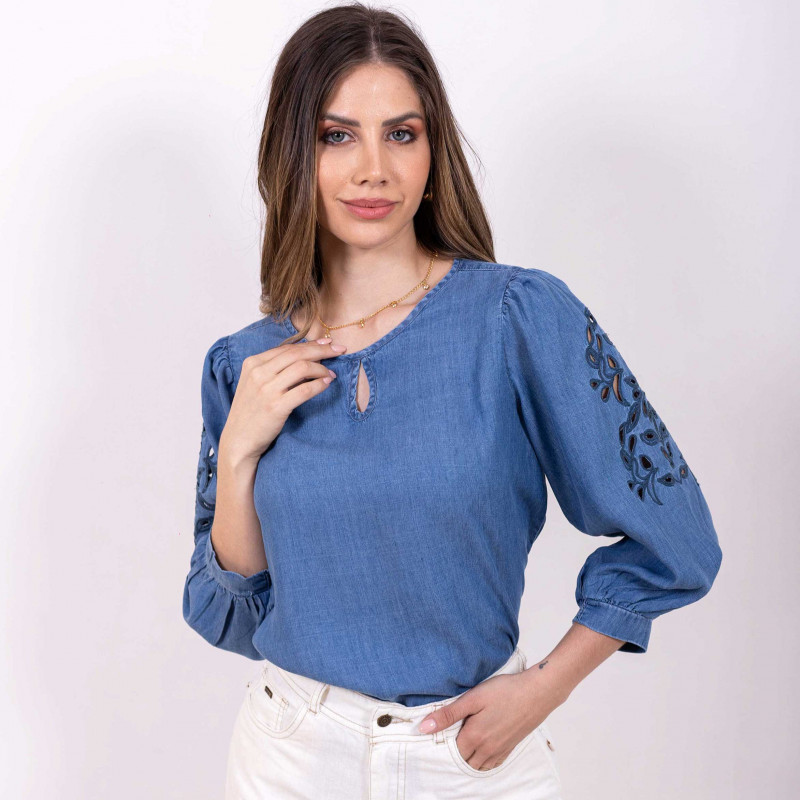 Blusa Jeans Bordada Mangas 3/4 Cod. 1230073