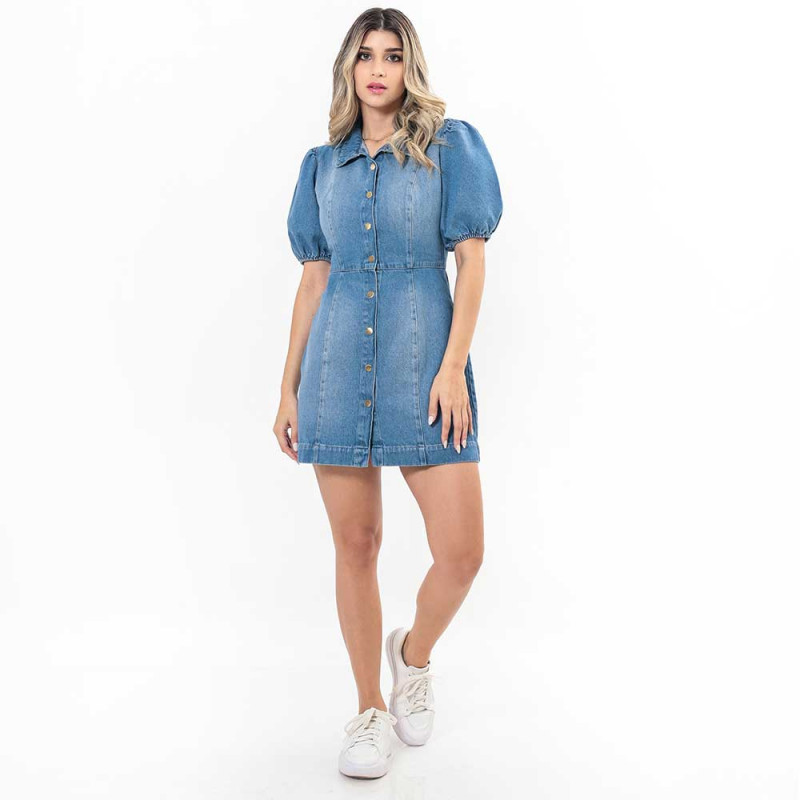 Vestido Corto Jeans Manga Abullonada Cod. 1230347