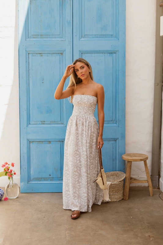 Vestido Begur Maxi French Taupe Floral Linen