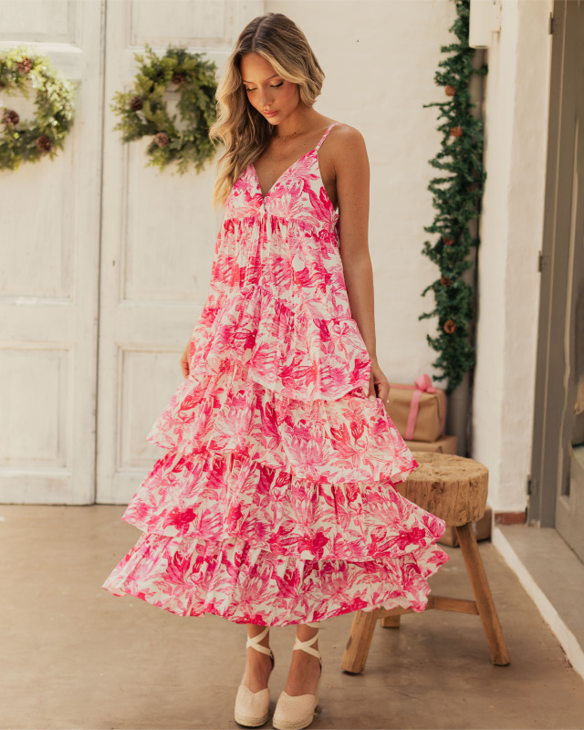 VESTIDO SERENELLA MIDI LINEN PINK FLOWERS