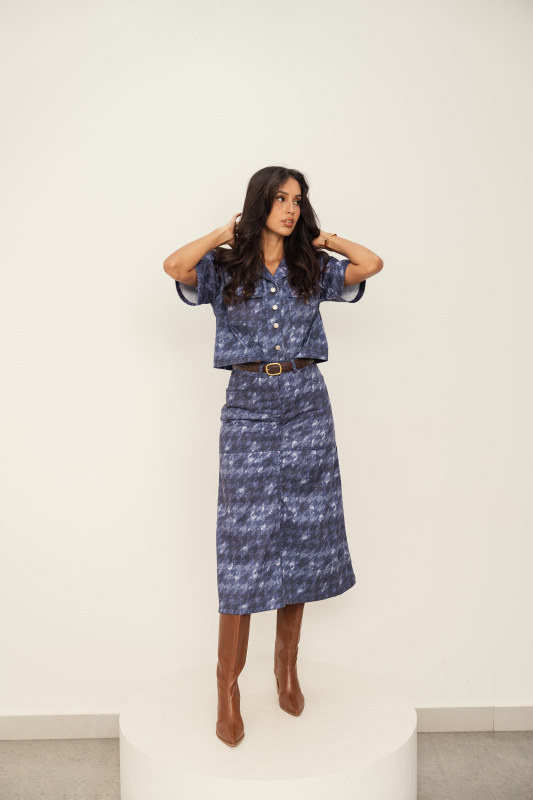 FALDA ILSE DENIM TIE-DYE HOUNDSTOOTH